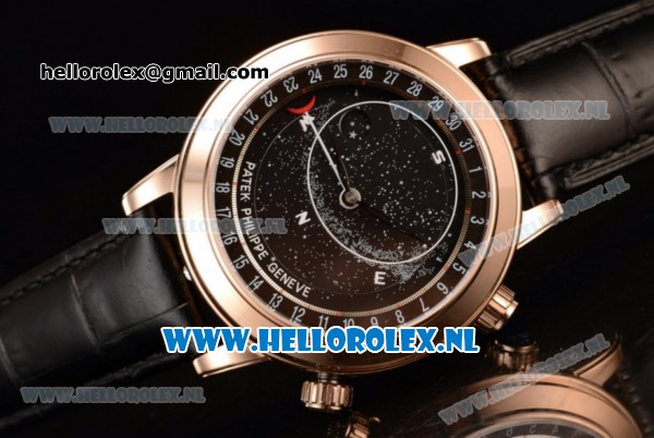 Patek Philippe Grand Complication Sky Moon Celestial Compass Miyota 9015 Automatic Rose Gold Case with Black Dial and Black Genuine Leather Strap (GF) - Click Image to Close